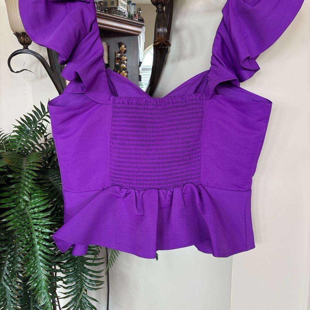 Brand New Express Purple Ruffle Crop Top Smocked Stretch Back Tailored Blouse - Picture 10 of 14
